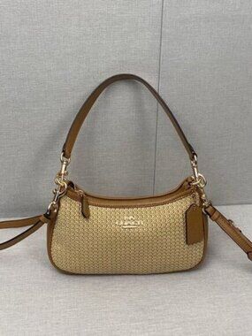 🎈New COACH Teri 2way Shoulder Bag Crossbody Straw/Leather Latte
